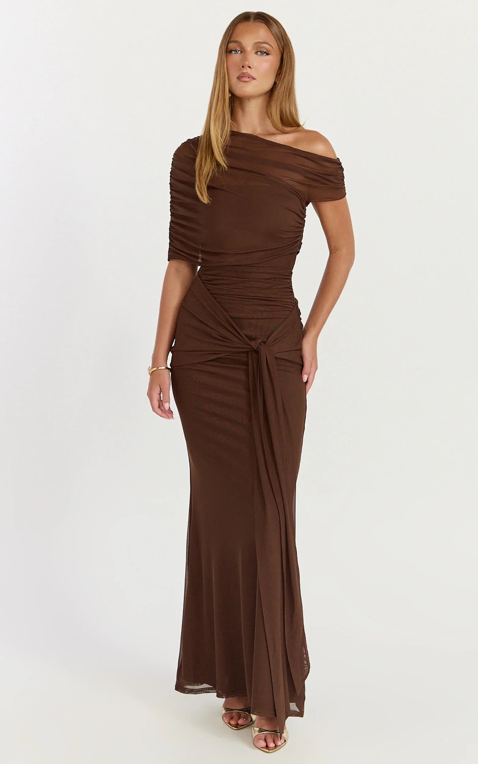Nicolette Maxi Dress Cape Sleeve Off Shoulder Dress in Chocolate