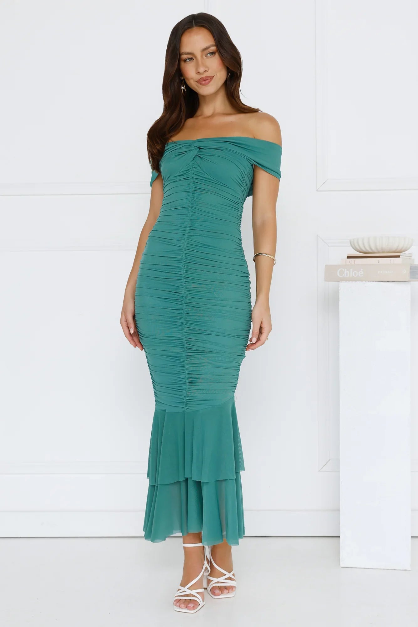 Tanisha Off Shoulder Mesh Midi Dress Green
