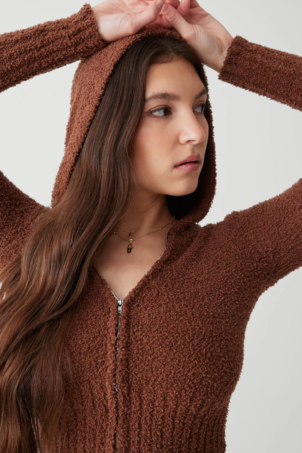 Harlowe Fuzzy Zip Up Hoodie Chocolate Lily