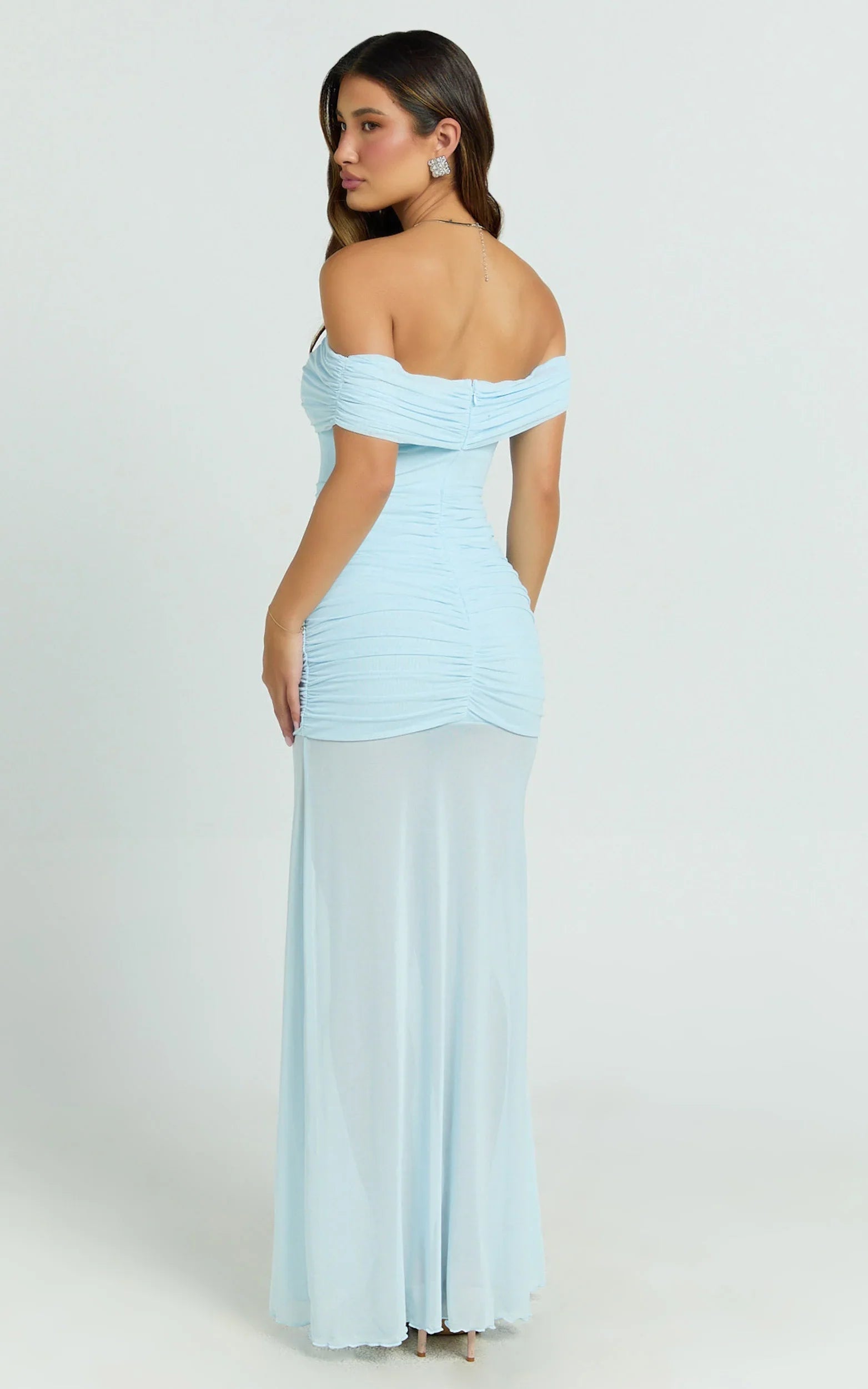 Leticia Maxi Dress Mesh Off Shoulder Ruched High Split Dress in Blue
