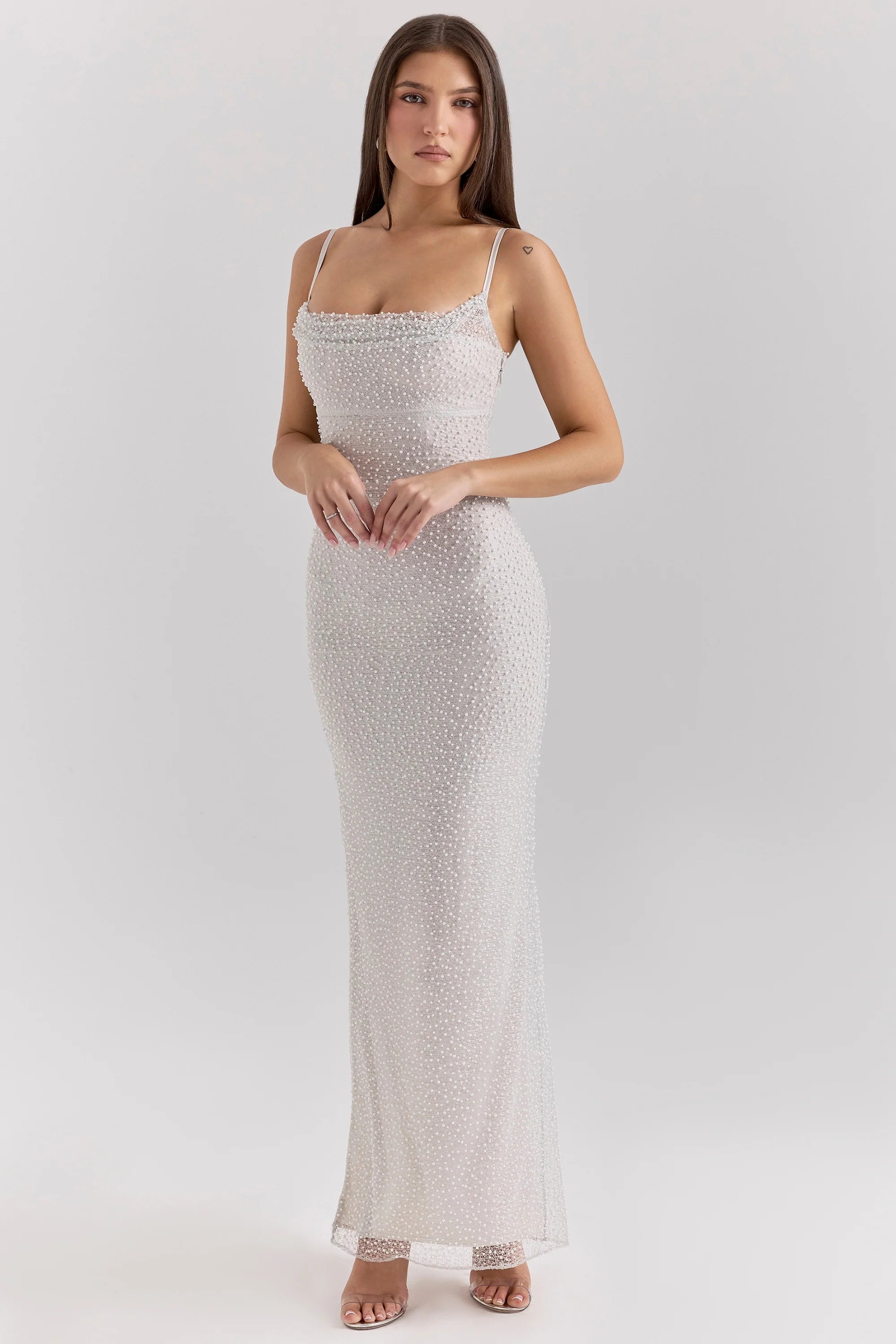 silver pearl embellished maxi dress