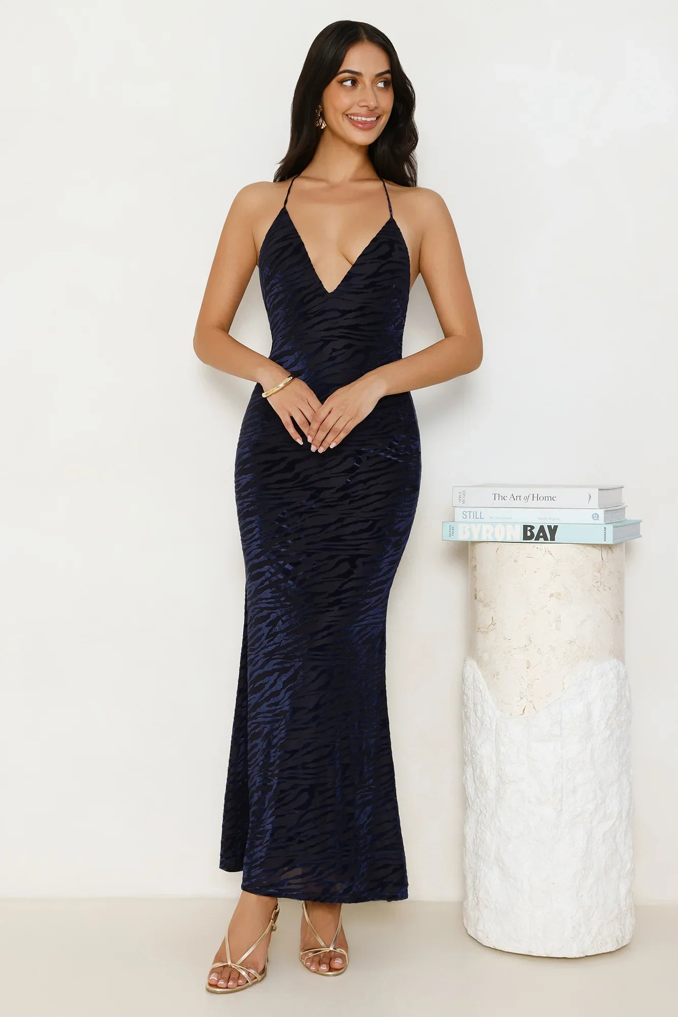 Zebra Charm Halter Maxi Dress Navy
