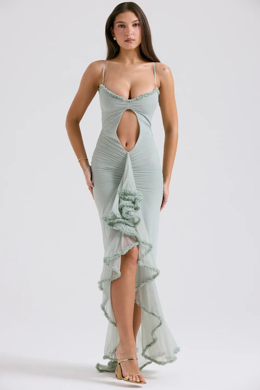pistachio ruffled front gown