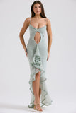 pistachio ruffled front gown
