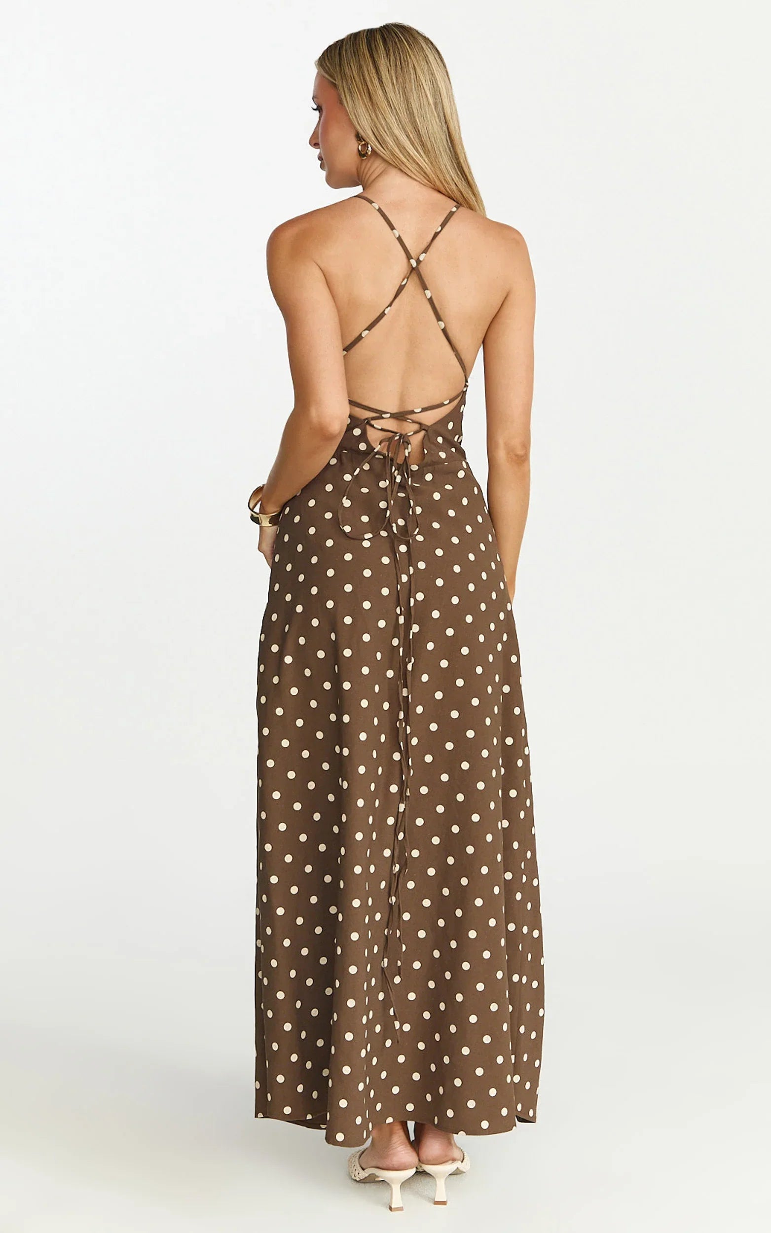 Leighton Maxi Dress Cross Over Spaghetti Straps Square Neck A Line Dress in Choc Cream Polka Dot