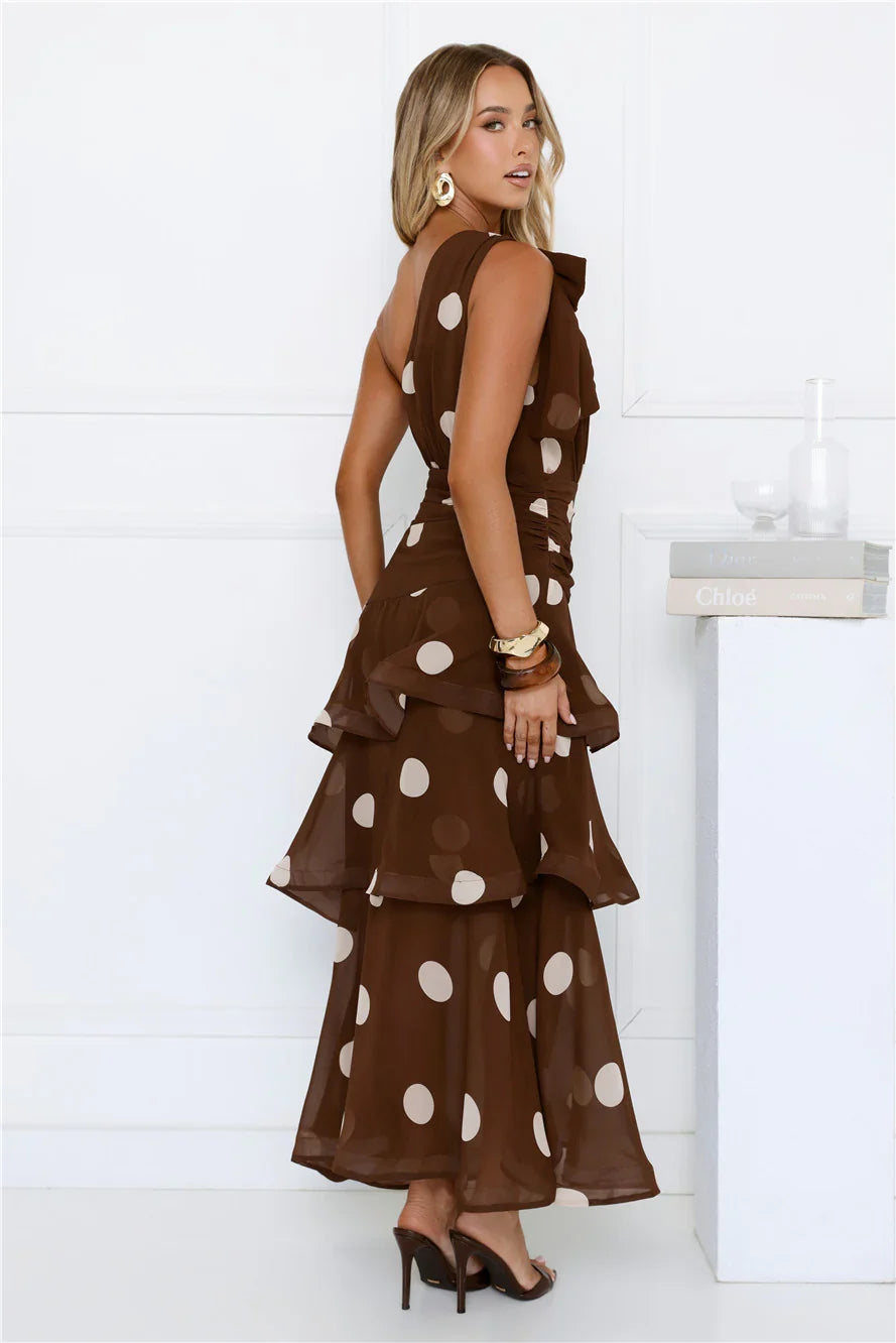 Shes Trendy One Shoulder Polka Dot Maxi Dress Brown
