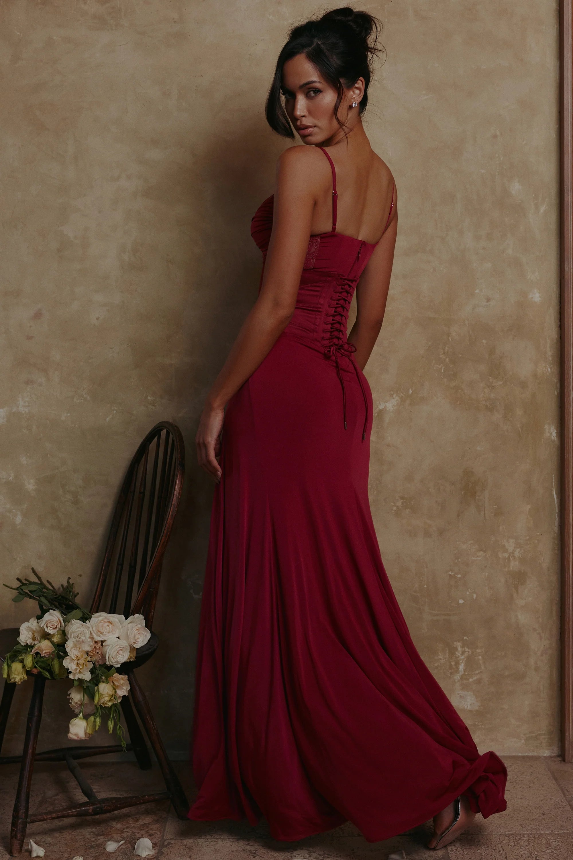 wine lace trim maxi dress corset
