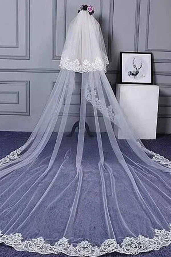Charming Long Tulle Lace With Appliques Chapel Wedding Veil