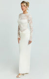 Crisanta Maxi Dress Long Sleeve Contrast Lace Bodycon Dress in Ivory