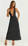 Silvena Midi Dress Plunge Neckline Tie Front A Line Dress in Black