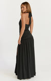 Phoenix Maxi Dress Halter Neck Gold Trim Jersey Dress in Black