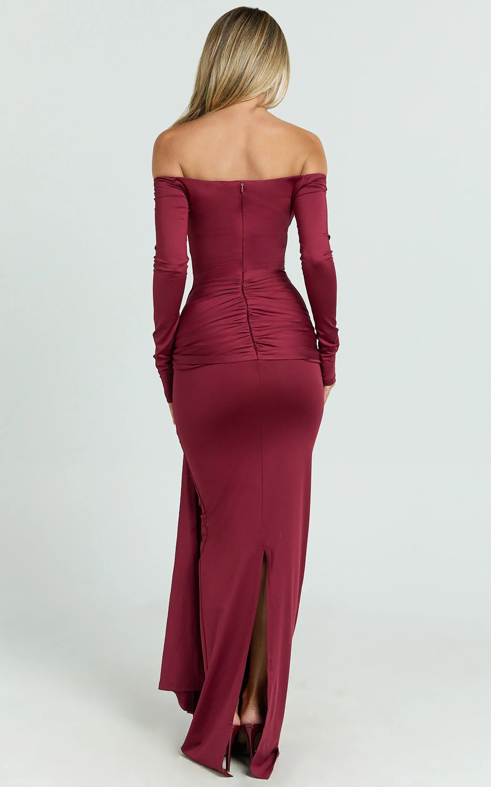 Judith Maxi Dress Boat Neck Backless Tie Front Long Sleeve Jersey Dress in Wine