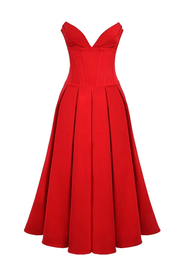 scarlet strapless midi dress
