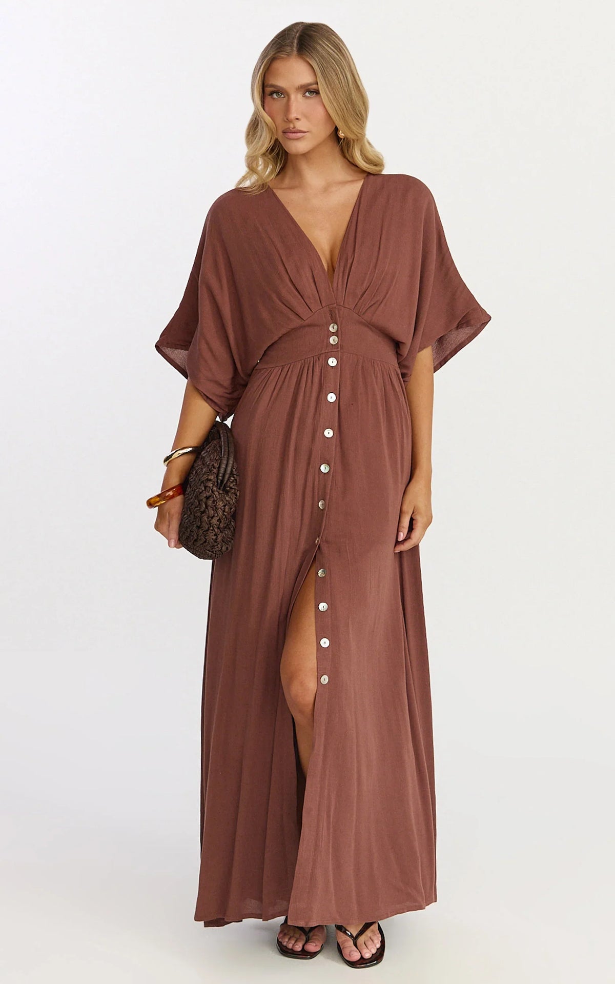 Sitting Pretty Maxi Dress Short Sleeve Button Down Dress in Chocolate