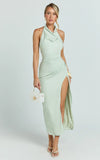 Finn Midi Dress Folded Cowl Halter With Front Leg Split in Sage