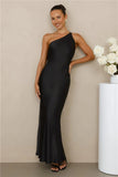 The Evangeline One Shoulder Satin Maxi Dress Black