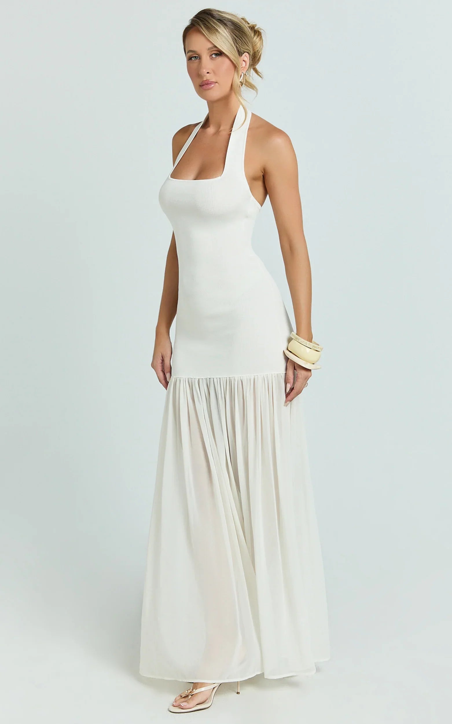 Barbara Maxi Dress Halter Scoop Neck Contrast Georgette Dress in Ivory