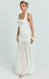 Barbara Maxi Dress Halter Scoop Neck Contrast Georgette Dress in Ivory