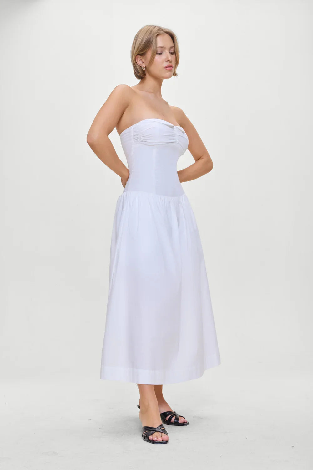 Horizon Strapless Collared Midi Dress White