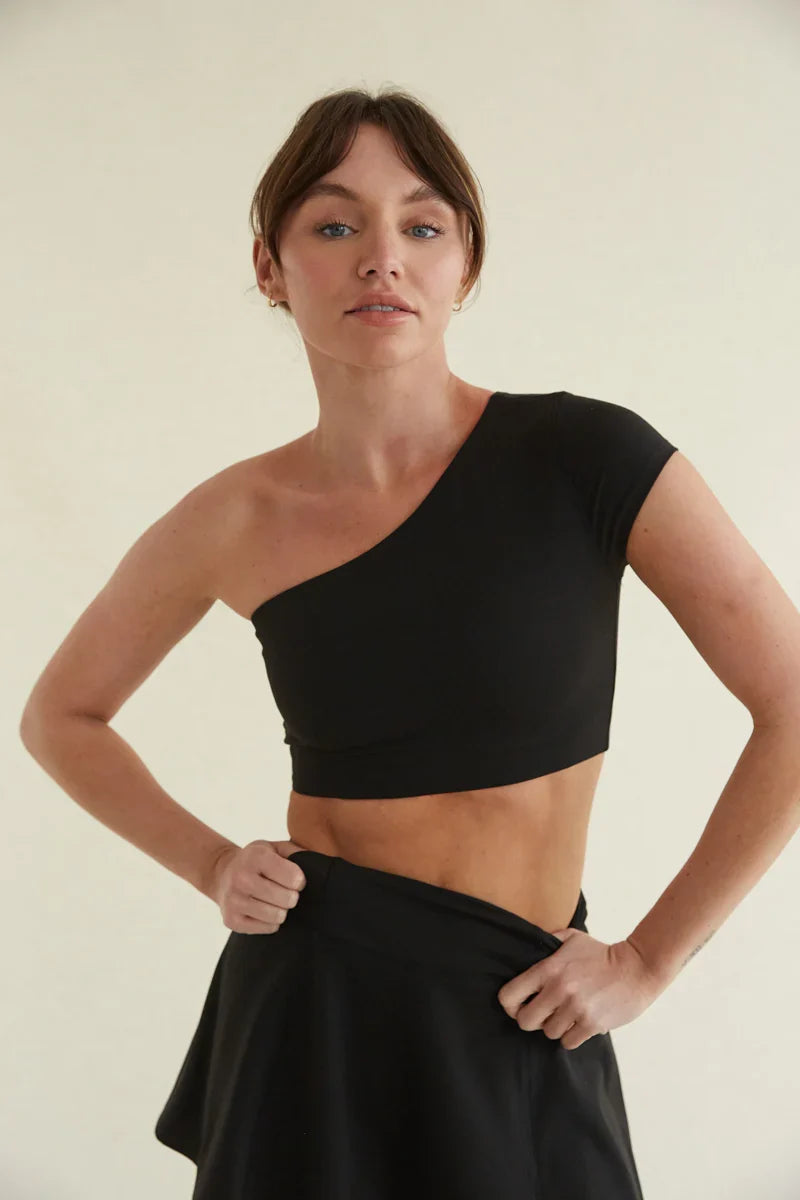 Mia Smoothing One Shoulder Crop Top in Black