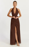 Eva Maxi Dress Plunge Halter Wrap Dress in Chocolate