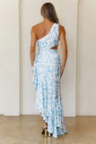 Gentle Petals One Shoulder Maxi Dress Blue