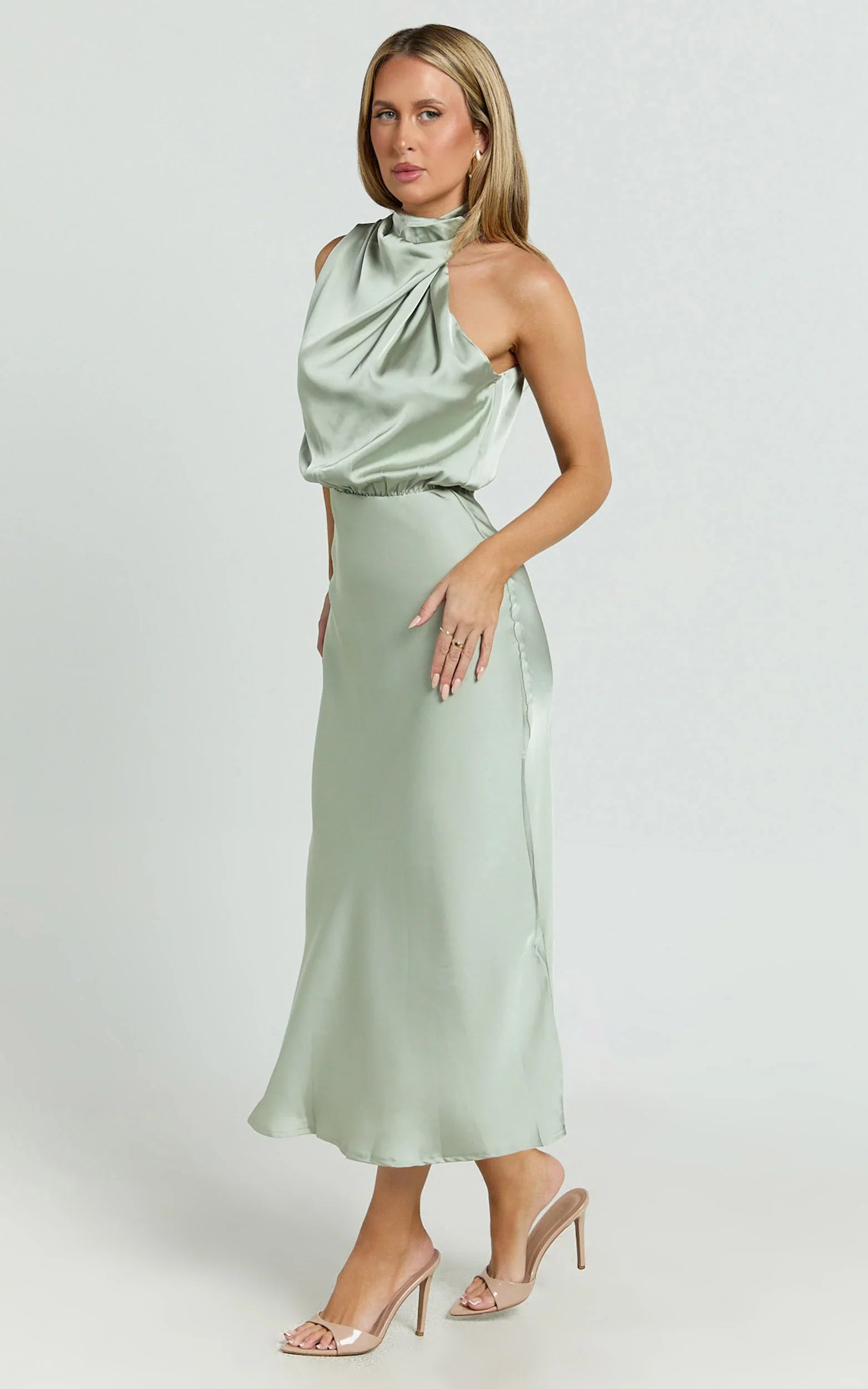 Minnie Midi Dress Drape Neck Satin Slip Dress in Sage