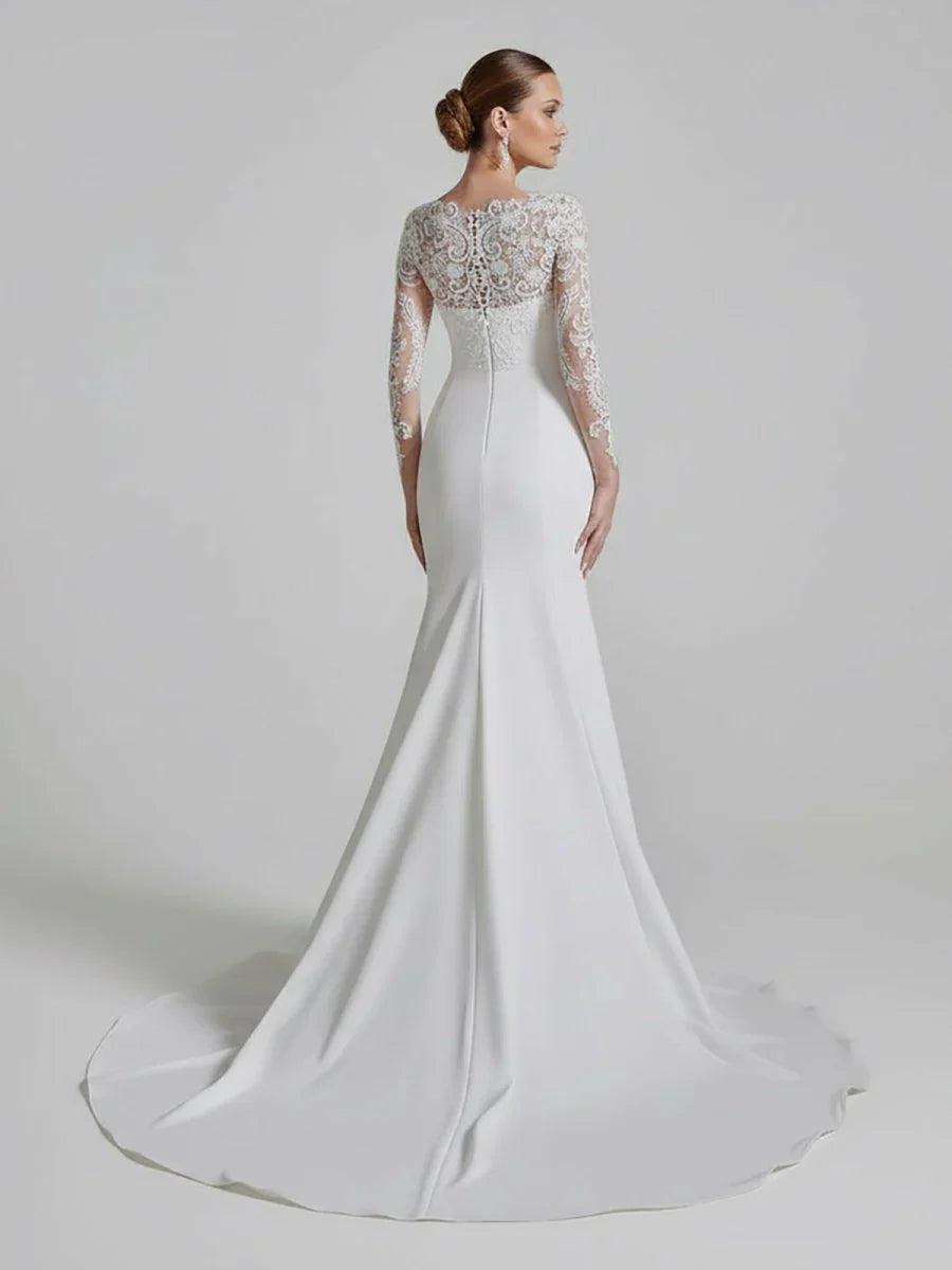 Mermaid White Lace Appliques Beaded Wedding Dress