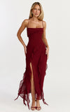 Connie Midi Dress Ruffle Detail Dress in Wine