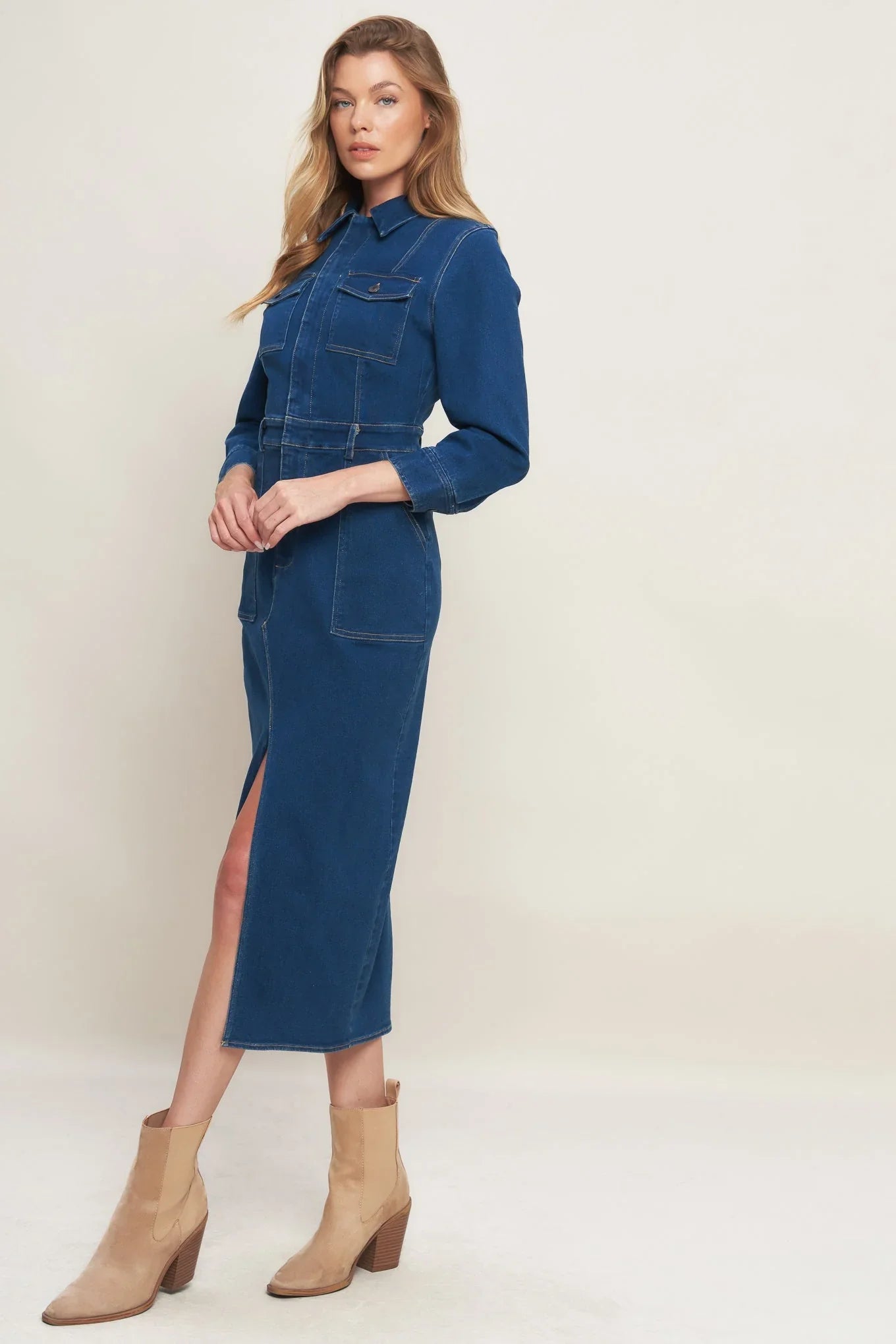 MIDNIGHT DARK INDIGO DENIM MIDI DRESS