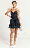 Betchie Mini Dress Neck Strappy Drop Waist Gathered Skirt Denim Dress in Dark Raw Denim