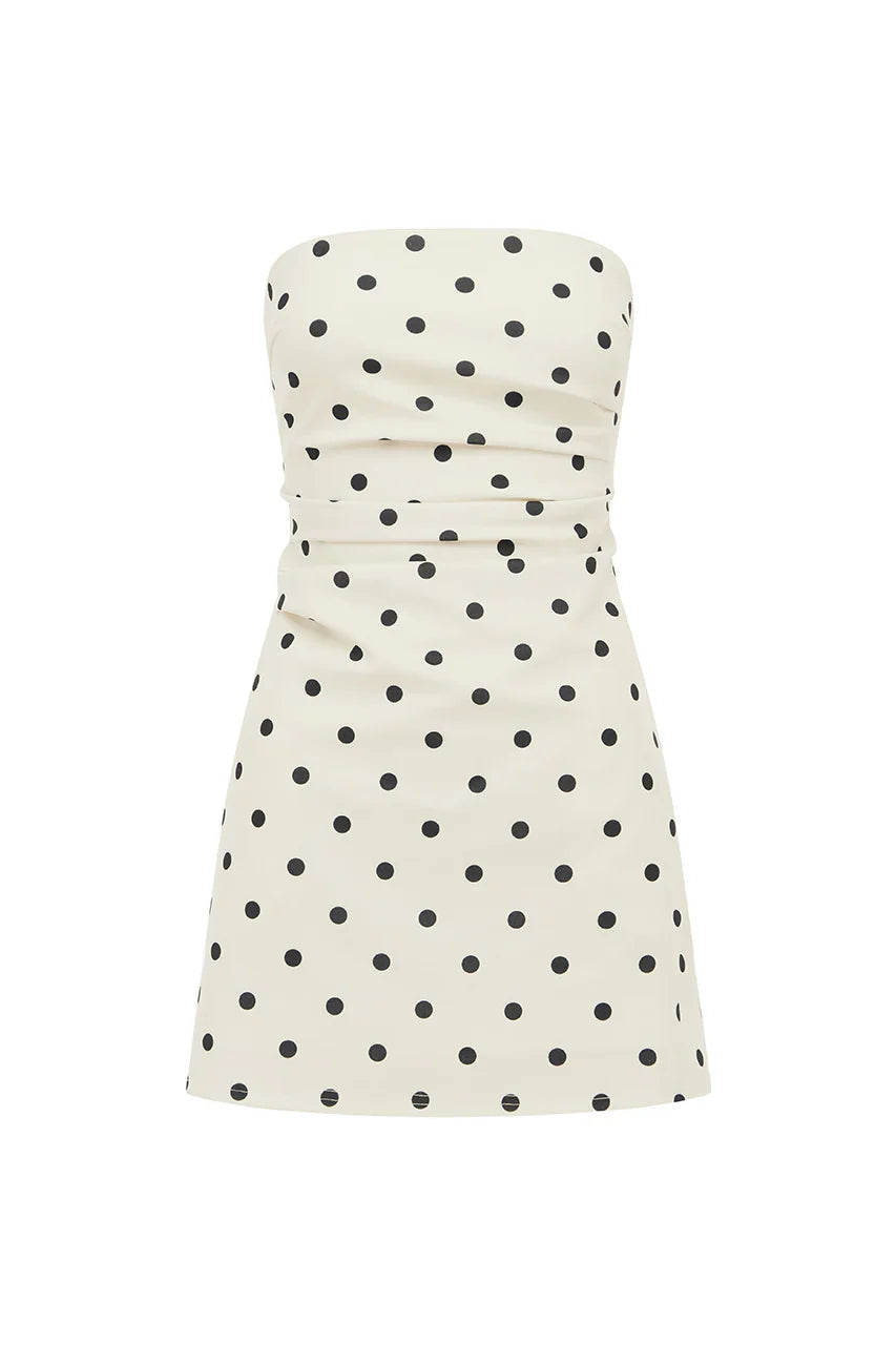 CAIRO STRAPLESS MINI DRESS WHITE BLACK POLKA