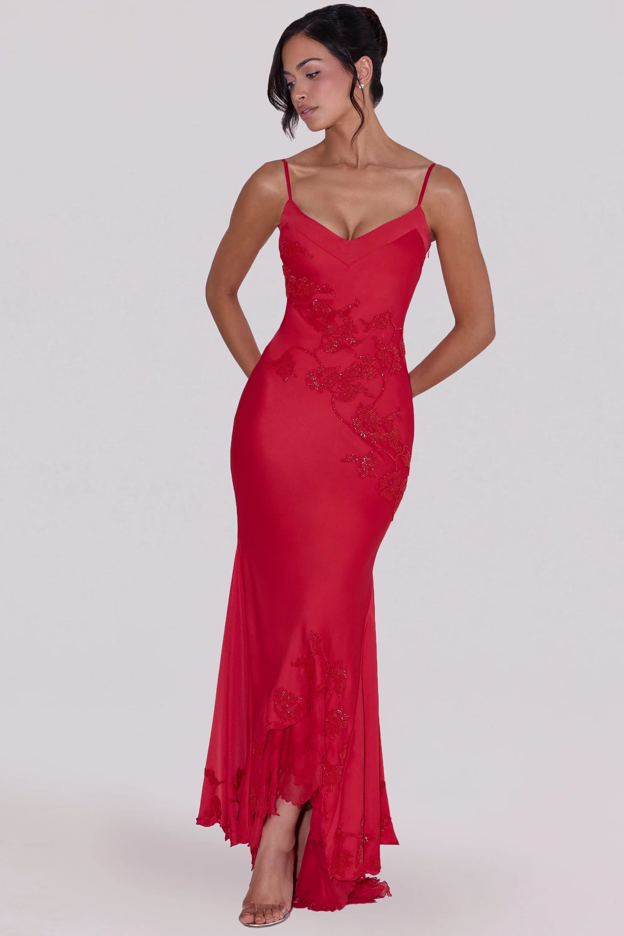 red hand beaded embellished satin maxi dress limited edition