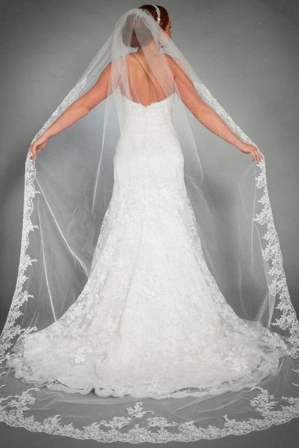 One Tier Lace Appliques Edge Cathedral Veil Long Wedding Veil