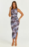 Loralie Midi Dress Mesh High Neck Bodycon Dress in Blue Blur