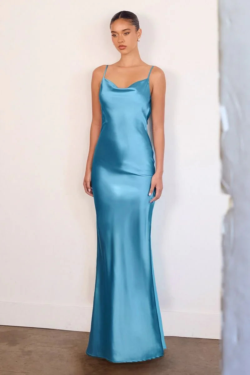 Lina Satin Cowl Neck Maxi Dress with Draped Back