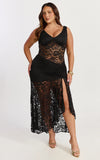 Tatum Midi Dress Lace Off Shoulder Side Split Dress in Black