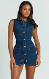 Stephanie Mini Dress Scoop Neck Pocket Detail Recycled Denim Dress in Indigo Wash