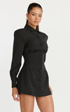 Thelma Mini Dress Button Front Pleat Waist Tulip Skirt Shirtdress in Black
