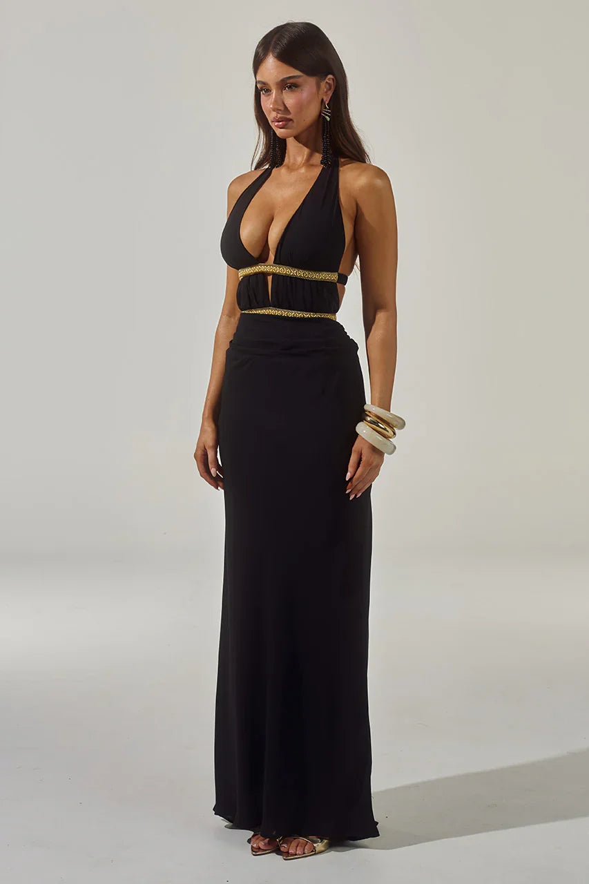 XYLIA HALTER LOW PLUNGE MAXI DRESS BLACK