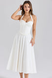 white stretch cotton halter neck midi dress