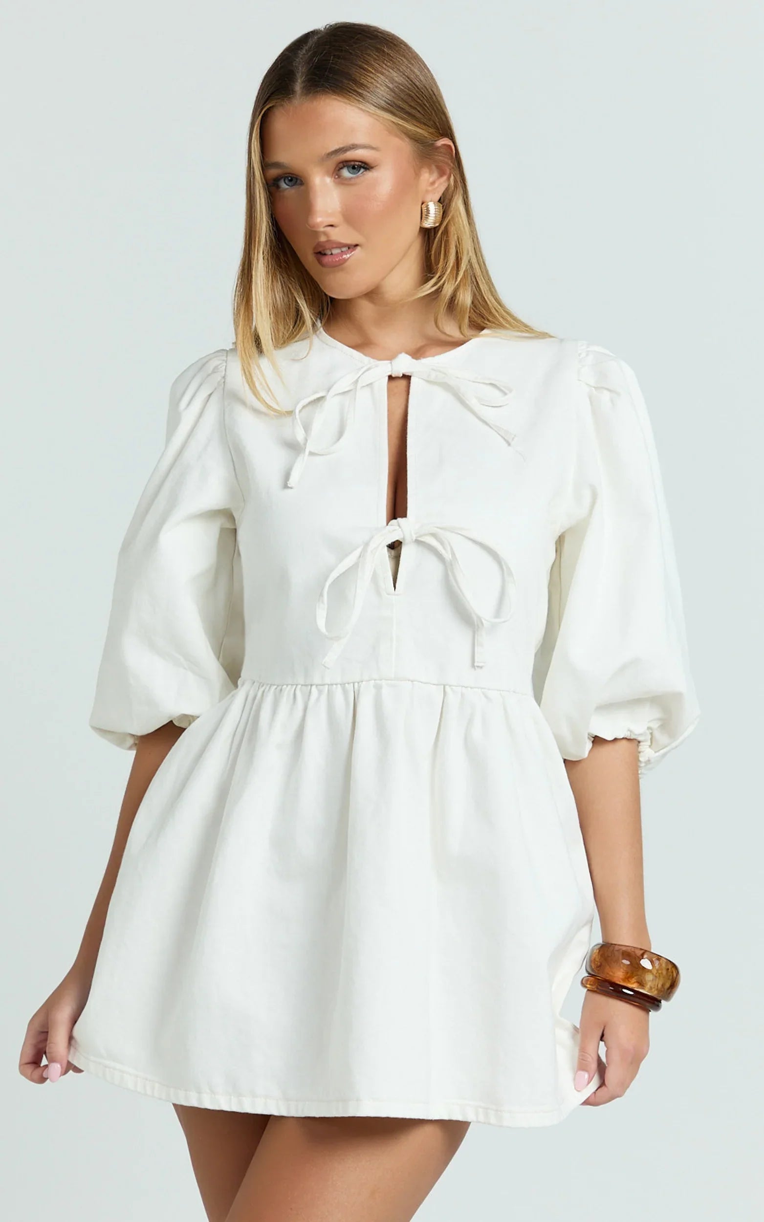 Shailene Mini Dress Tie Front Puff Sleeve Recycled Denim Dress in Ecru