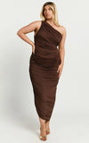 Lovlin Midi Dress One Shoulder Ruched Dress in Chocolate