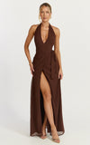 Eva Maxi Dress Plunge Halter Wrap Dress in Chocolate