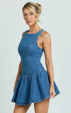 Vera Mini Dress Boat Neck Drop Waist Fit And Flare Denim Dress in Mid Blue Wash