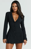 Bea Mini Dress Collared Long Sleeve Fit And Flare Pleated Dress in Black