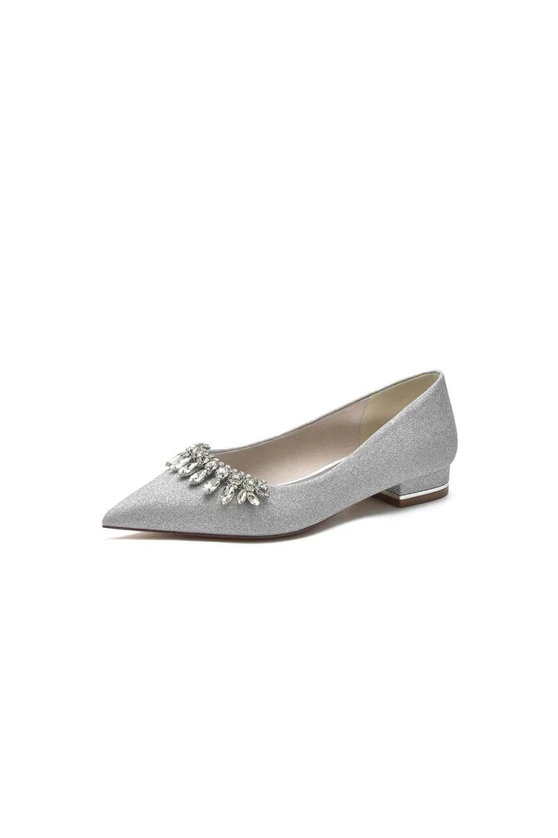 Pointed Toe Glitter Low Heels With Rhinestone