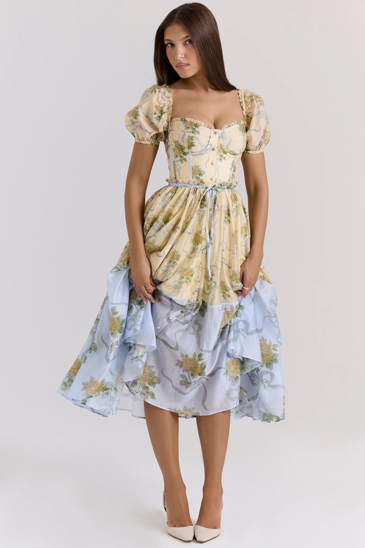lemon vintage rose chiffon midi dress