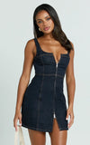 Chrysoula Mini Dress Square Neck Zip Front Sleeveless Bodycon Denim in Raw Denim with Tobacco Stitch