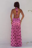 ADRIANNA PLUNGE RUCHED MAXI DRESS MUSK CHOC POLKA